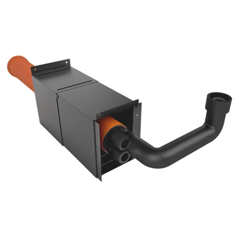 Roth Wanddurchführung mit schwarzem Gehäuse und orangefarbenem Rohr. Die Konstruktion enthält mehrere Anschlüsse für die Installation in Heizsystemen.